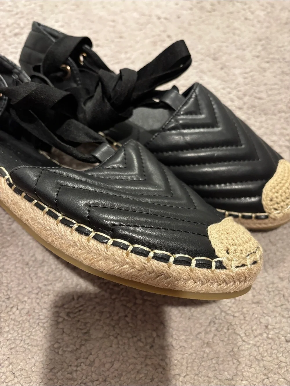 Black Quilted Espadrille Flats with Lace-Up Tie